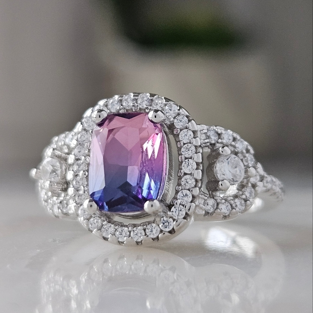 Pink and Purple Tourmarine Ring, 925 Sterling Silver Charmed Aroma
